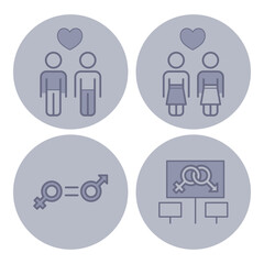 Collection of line icons symbolizing various forms of relationships and gender equality. Representations of couples in love, gender symbols, and inclusive partnerships