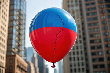 Obraz premium cracked red and blue balloon floats among city skyscrapers, symbolizing fragile real estate market