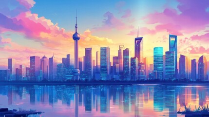 Fototapeta premium Vibrant City Skyline Sunset