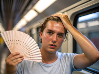 person in subway car fanning themselves with hand fan, looking overheated