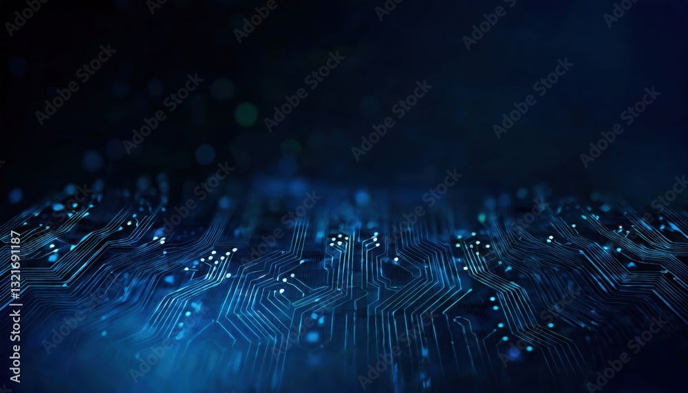 Poster futuristic circuit board with glowing blue microchip connections, technology background for ai, inno