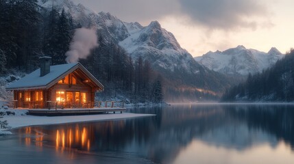 Fototapeta premium Cozy Cabin by a Winter Lake in the Majestic Mountains