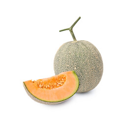 Cut slice of Melon fruit fully ripe has orange flesh and juicy sweet inside with many seeds isolated on white background.