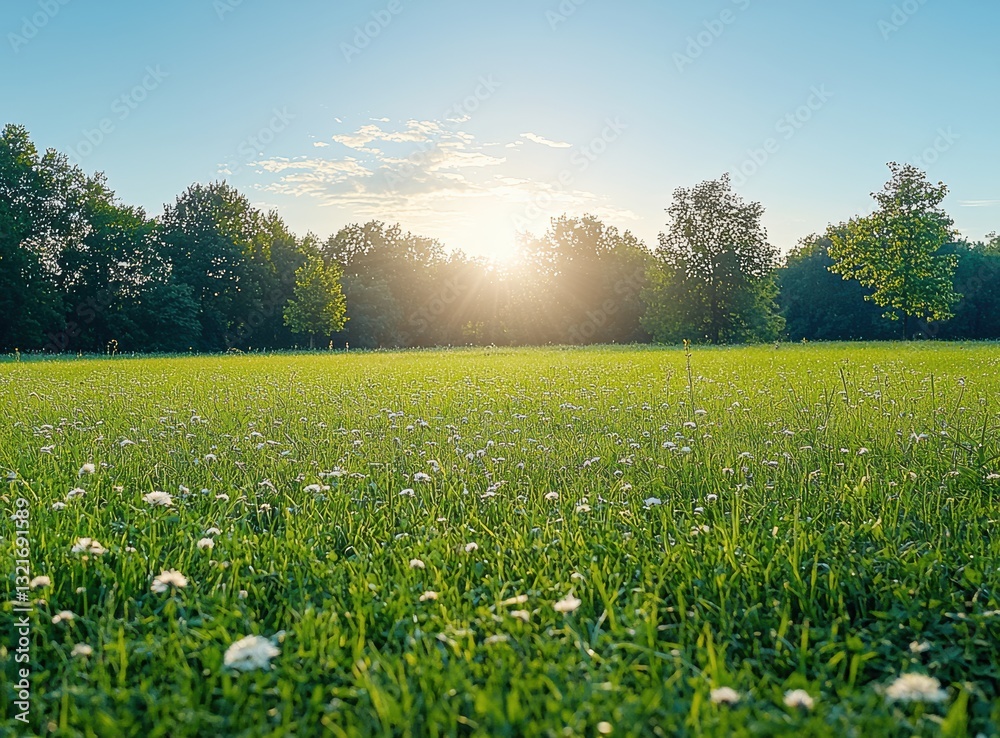 Poster Sunlight illuminating a beautiful green grass meadow with trees in the background