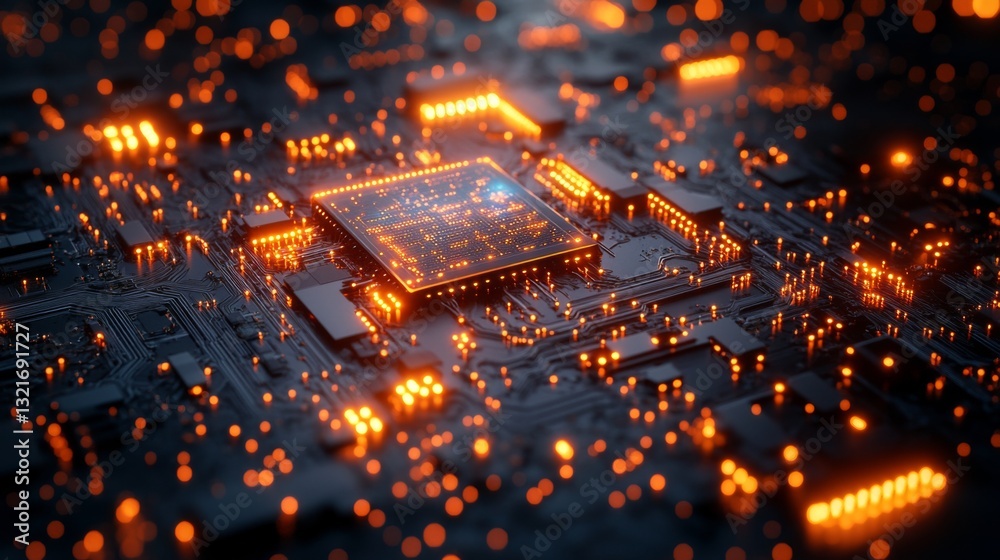 Fototapete A high-tech circuit board displays intricate pathways and glowing qubit connections, showcasing the principles of quantum computing and advanced algorithms at work.