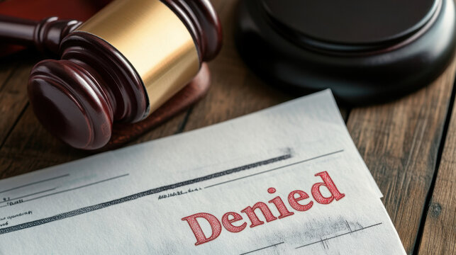 A document featuring the word Denied stamped in red is placed beside a gavel on a wooden surface, indicating a legal rejection