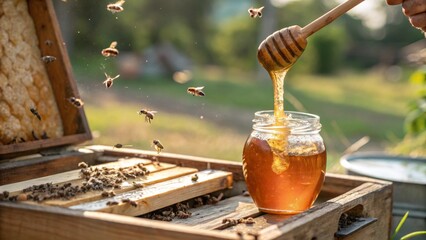 Close-up shot of honey dripping from a wooden dipper into a glass jar, surrounded by busy bees and a beehive. The image captures the natural process of honey harvesting, emphasizing the golden liquid 