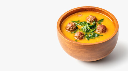 Aerial capture of a warm bowl of italian wedding soup with meat, fresh herbs, and vegetables for a cozy meal
