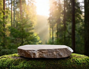 Realistic stone podium with moss in green forest blurred background. Blank rock display stand platform in jungle. Nature-inspired showcasing for product mockups & branding.