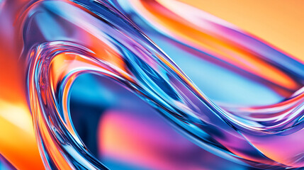 Abstract image of flowing, translucent material in blue, purple, and orange hues creating a dynamic, vibrant, and visually appealing design, showcasing fluidity and energy