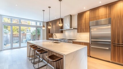 Fototapeta premium a bright modern kitchen with white marble countertops, wooden accents, pendant lighting