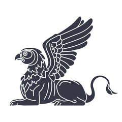 A bold vector illustration of a mythical sphinx in a dark silhouette style. This striking design showcases a winged creature with intricate details, inspired by heraldic and fantasy art. 