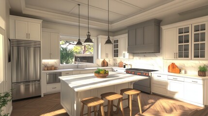 Fototapeta premium a bright modern kitchen with white marble countertops, wooden accents, pendant lighting