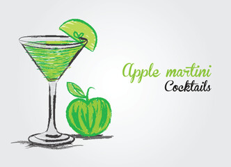 Apple martini cocktail vector illustration. Tropical summer drinks in glasses. Green cocktails with pineapple. apple martini cocktail drawing. food and drink. menu. brochure flyer. poster. banner.