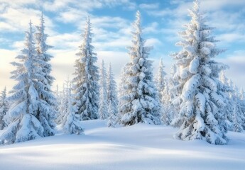 Snow covered pine trees creating stunning winter wonderland landscape