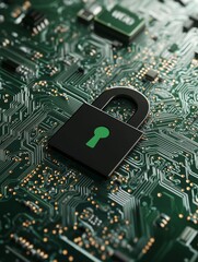 Fototapeta premium A close-up view of a digital padlock featuring a glowing green question mark on a circuit board