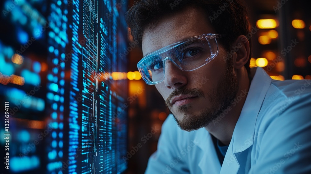 Poster A scientist wearing protective goggles closely examines quantum data displayed on a digital interface in a research laboratory. The focus is on exploring qubits and their properties.