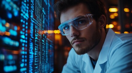 A scientist wearing protective goggles closely examines quantum data displayed on a digital interface in a research laboratory. The focus is on exploring qubits and their properties.