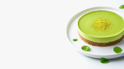 Flat-lay of a beautifully decorated matcha cheesecake with green tones on a white plate for a stylish dessert display