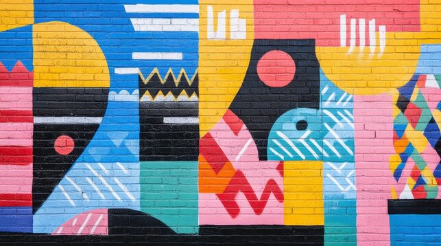 Colorful abstract mural on brick wall