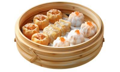 Dim Sum Delights: A close-up shot of a bamboo steamer basket filled with an array of delicious dim sum, showcasing the variety and artistry of this traditional culinary experience.