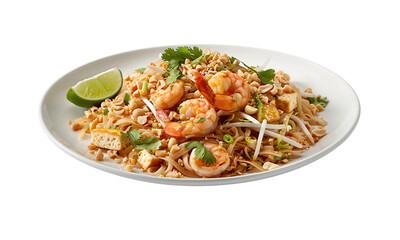 Pad Thai Platter: A mouthwatering plate of Pad Thai, a beloved Thai noodle dish, is presented. Garnished with succulent shrimp, fresh herbs, peanuts, and a lime wedge.