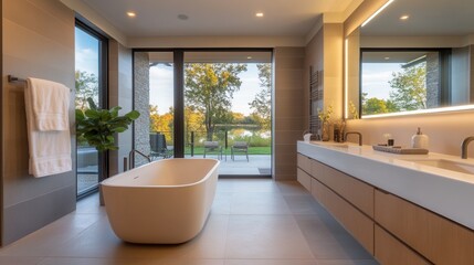 Fototapeta premium a modern minimalist bathroom with a freestanding white bathtub, large-format gray tiles, and a sleek floating vanity. 