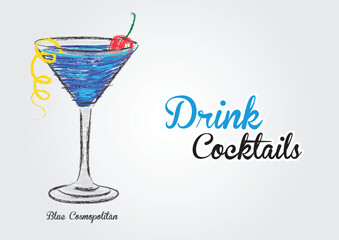 Blue cosmopolitan martini cocktail vector illustration. Tropical summer drinks in glass. Blue cocktail with cherry. Blue martini cocktail drawing. food and drink. menu. brochure flyer. poster. banner