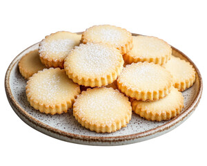 Freshly baked shortbread cookies arranged on plate, lightly dusted with sugar, create delightful and inviting treat perfect for any occasion