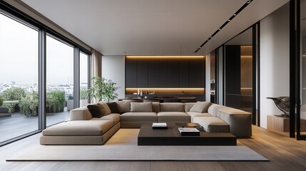 Naklejka premium a stylish modern living room with floor-to-ceiling windows, a neutral color palette