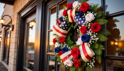 Elegant patriotic wreath adorns restaurant entrance, symbol of pride