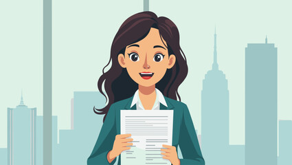 Determined Job Seeker: Confident Businesswoman Submitting Application and Resume in Pursuit of Career Opportunity in Vector Illustration