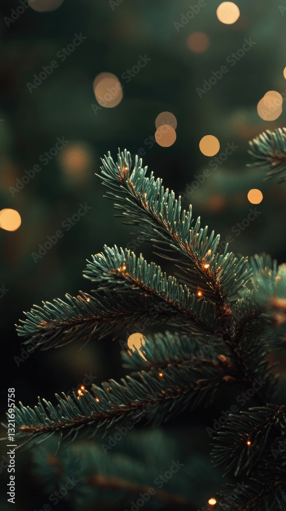 Poster a close-up shot of a decorated christmas tree with twinkling lights in the background