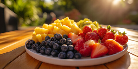 Fresh Fruit Plate with Mango, Strawberries, and Blueberries | Vibrant Summer Fruit Platter with Tropical Fruits and Berries | Healthy Fruit Salad with Raspberries, Kiwi, and Fresh Mango

