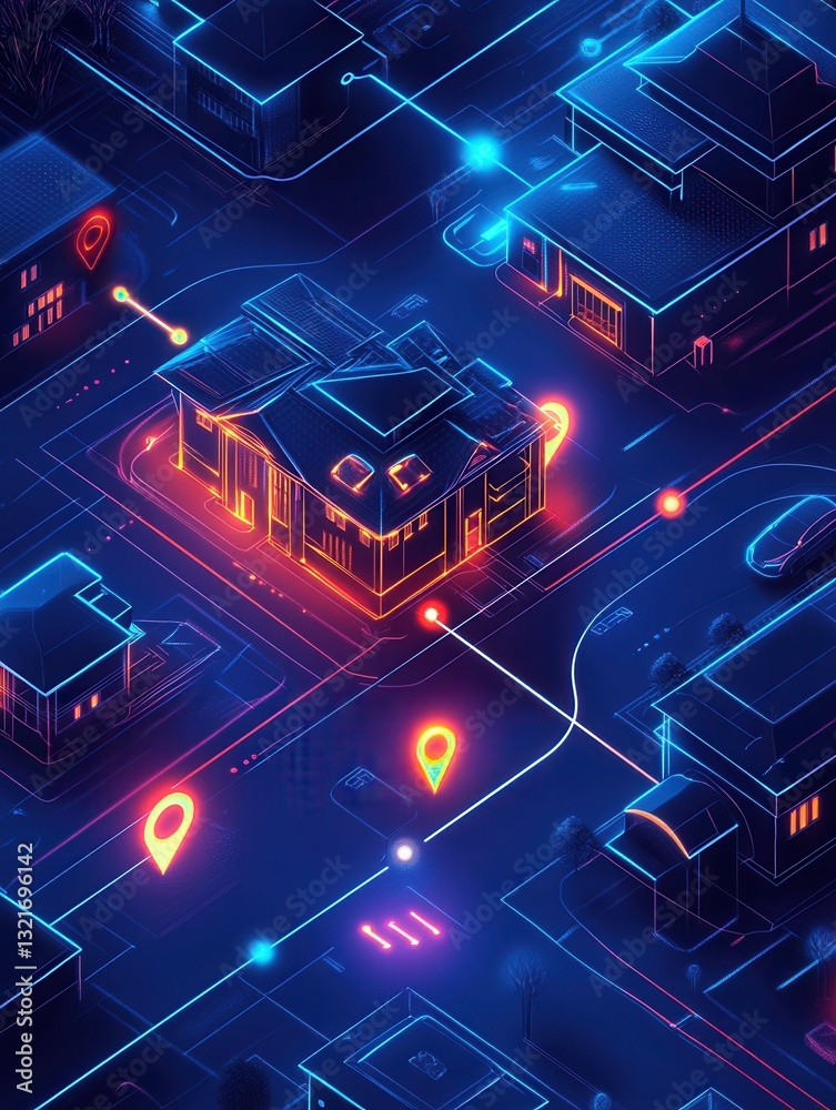 Aufkleber futuristic digital city map showcasing delivery routes and tracking icons in neon design with glowin