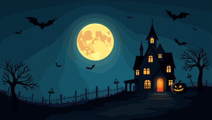 Halloween Night with Full Moon and Spooky Landscape