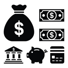 Simple Black and White Financial Icons Set/A collection of black and white, flat icons representing financial concepts.