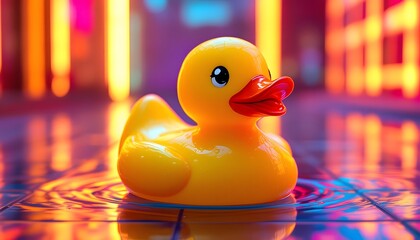 Playful Rubber Duck in a Vibrant Neon Setting