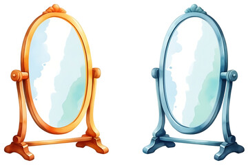 Standing mirrors illustration with gold and blue frames on black background