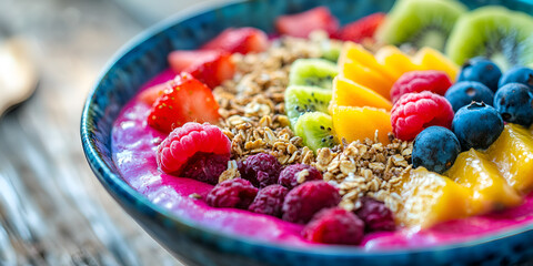 Healthy Smoothie Bowl with Fresh Fruits and Granola Toppings | Colorful Acai Bowl with Fresh Fruits and Granola for Breakfast | Delicious and Nutritious Smoothie Bowl with Fresh Berries and Kiwi

