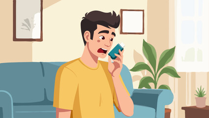 Man using an inhaler to relieve an asthma attack in a home setting