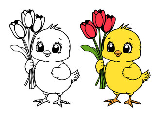 cute chick with a bouquet of tulip flowers, spring illustration