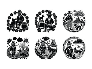 Obraz premium Irish folklore scenes with leprechauns and dogs silhouette isolated on white background