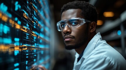 A scientist in protective eyewear analyzes complex quantum data on digital displays in a modern laboratory. The environment emphasizes experimental physics and computational studies.