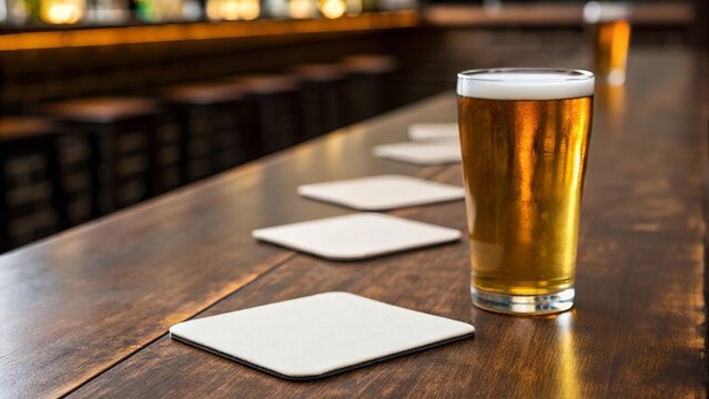 Empty Beer Coasters Mockup on Wooden Table
