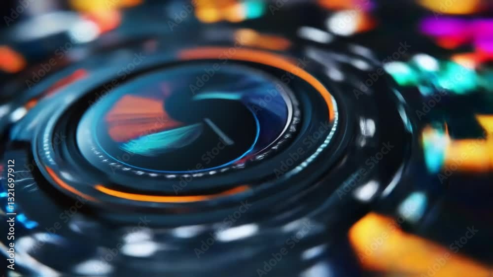 Poster futuristic circular device with colorful lights rotates, creating a dynamic visual effect against a 