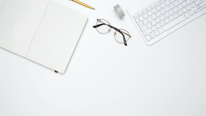 Flat lay composition with copy space. Mock up notebook. Office workspace and productivity concept