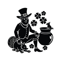 Leprechaun sitting with a pot of gold and animals silhouette isolated on white background