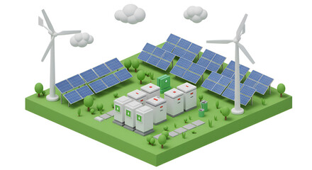 Isometric 3D render of wind turbines solar panels and a battery bank isolated on a white background Depicts alternative renewable power generation and electricity production in the.solar panel, sky, b