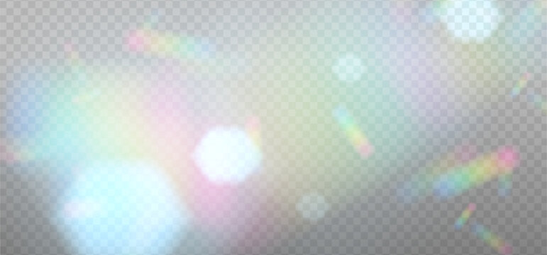 Cold spots of reflected sunlight. Rainbow reflection light prism effect on light background. Hologram glass dispersion, crystal flare leak shadow overlay. Vector illustration